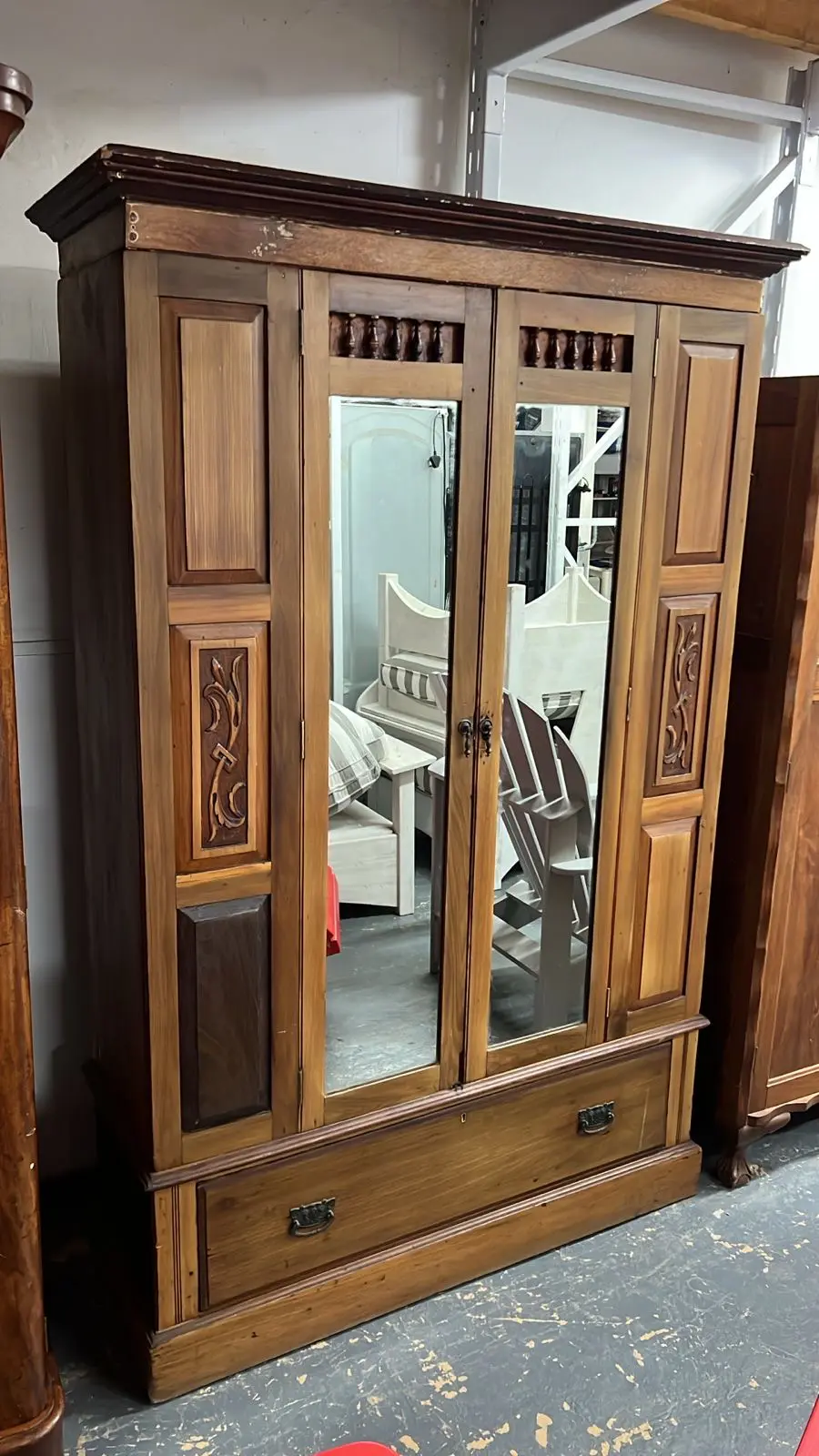 Rustic Pine & Mirror Double Door Wardrobe with Drawer - Image 5