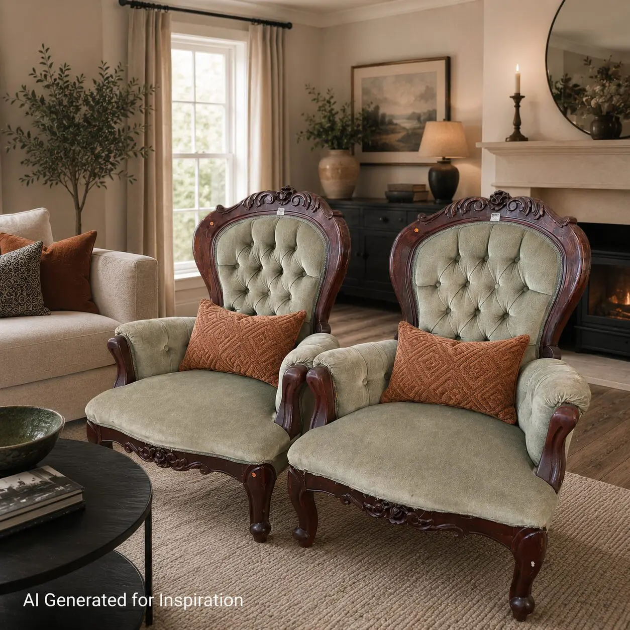Victorian Style Tufted Armchair with Carved Timber Frame