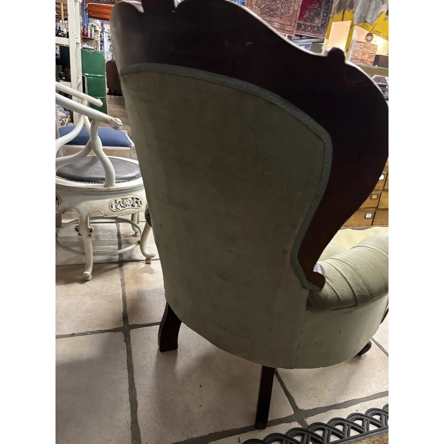 Victorian Style Tufted Armchair with Carved Timber Frame - Image 9