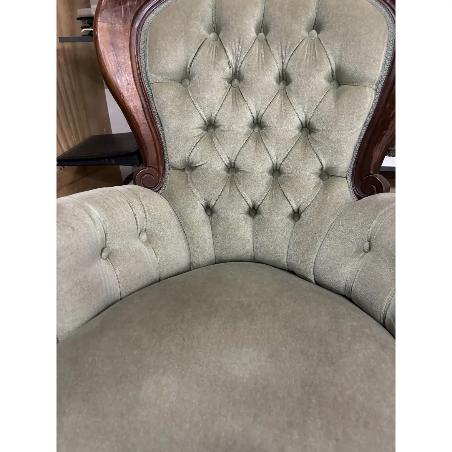 Victorian Style Tufted Armchair with Carved Timber Frame - Image 8