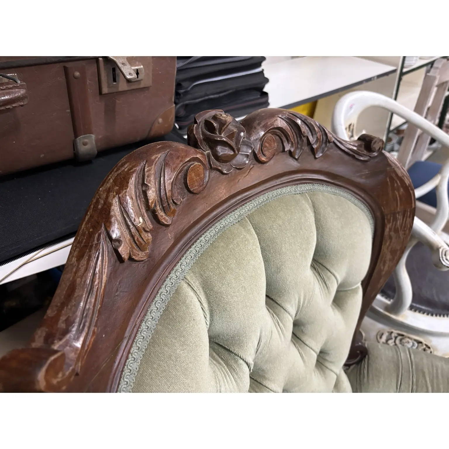 Victorian Style Tufted Armchair with Carved Timber Frame - Image 4