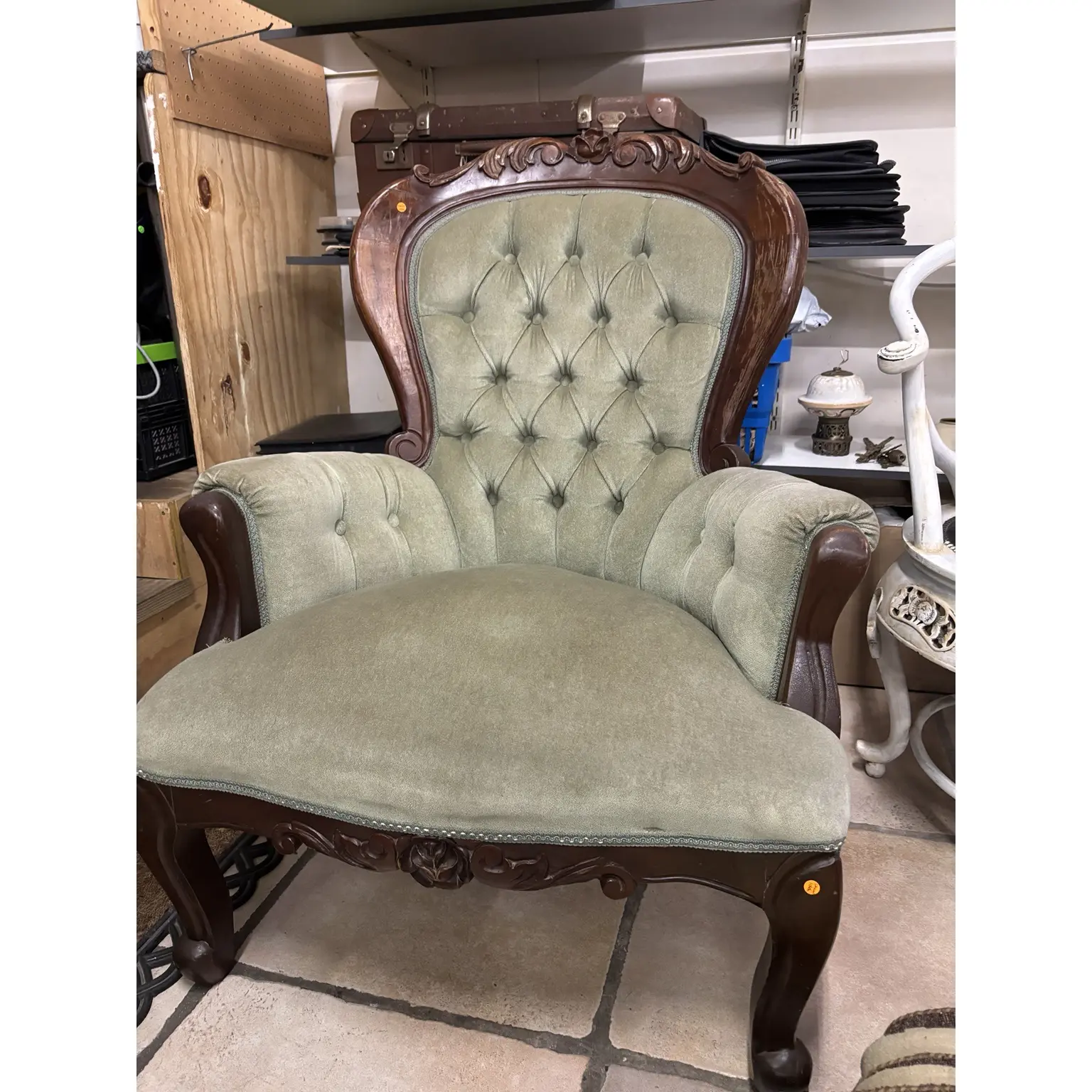 Victorian Style Tufted Armchair with Carved Timber Frame - Image 2