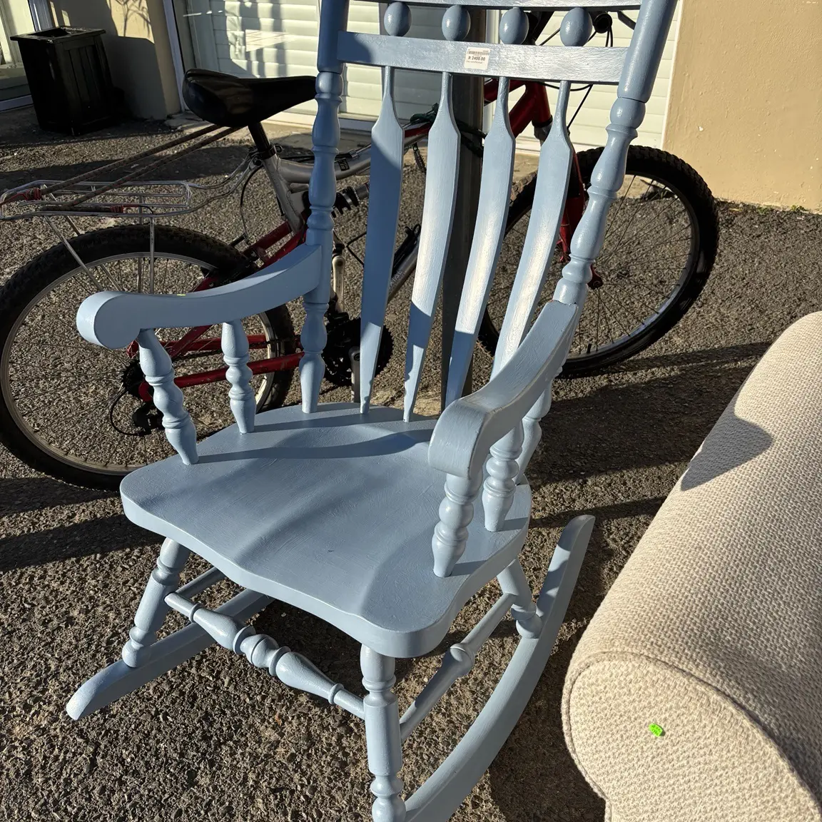 Vintage Blue Wooden Rocking Chair with Carved Crest - Image 3