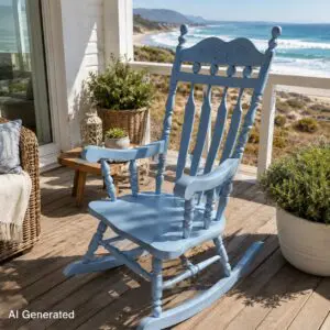 Vintage Blue Wooden Rocking Chair with Carved Crest