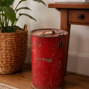 Vintage Red Metal Utility Canister with Hinged Lid