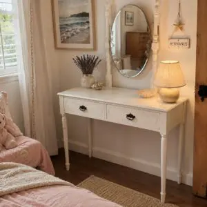 White Vintage Dressing Table with Oval Mirror & 2 Drawers