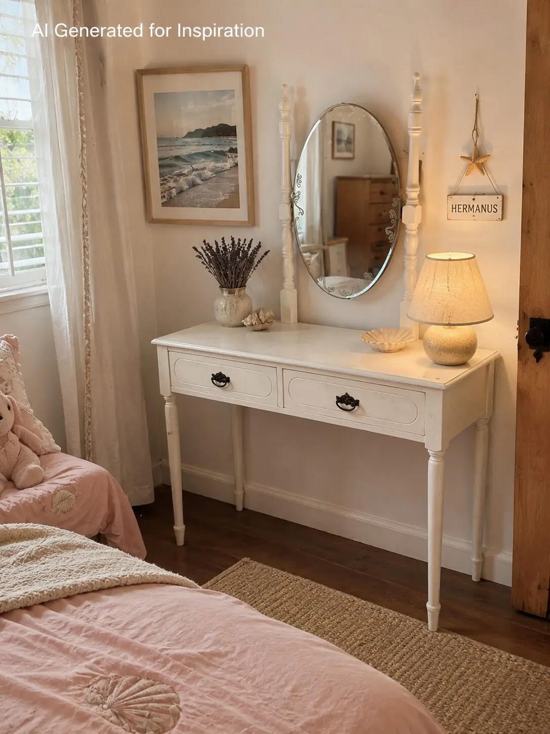 White Vintage Dressing Table with Oval Mirror & 2 Drawers