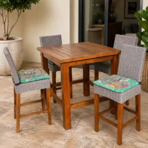 Solid Teak Outdoor Bar Table & 4 Wicker Bar Chairs