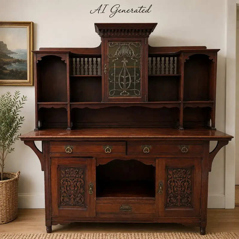 Antique Carved Wooden Hutch & Sideboard Cabinet