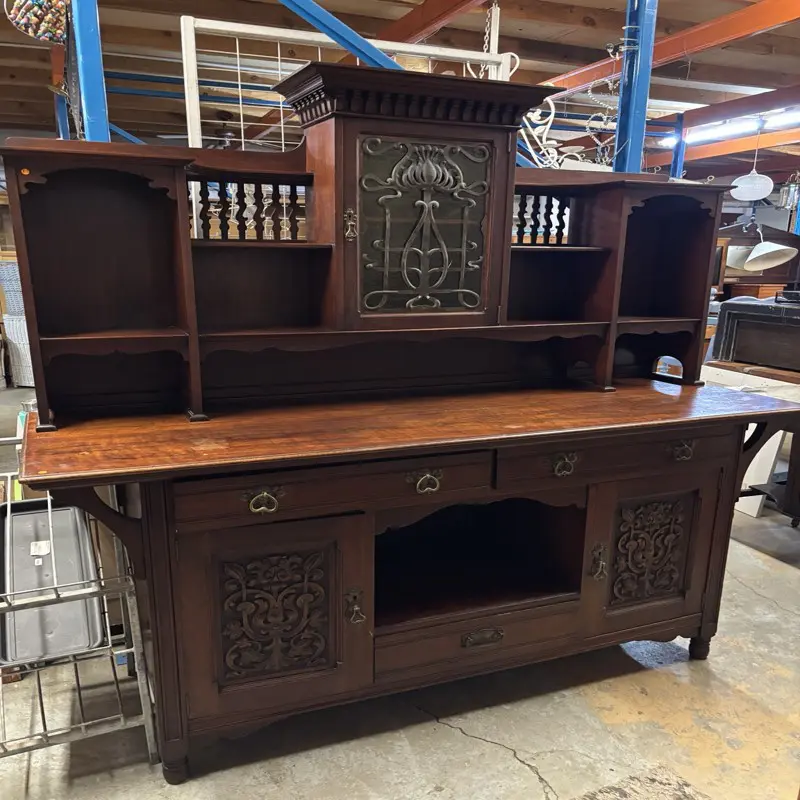 Antique Carved Wooden Hutch & Sideboard Cabinet - Image 7