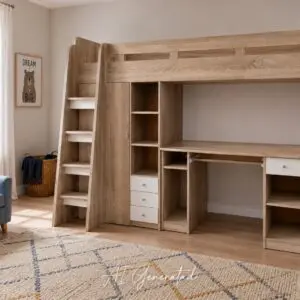 Oak Finish Bunk Bed with Workstation & Wardrobe