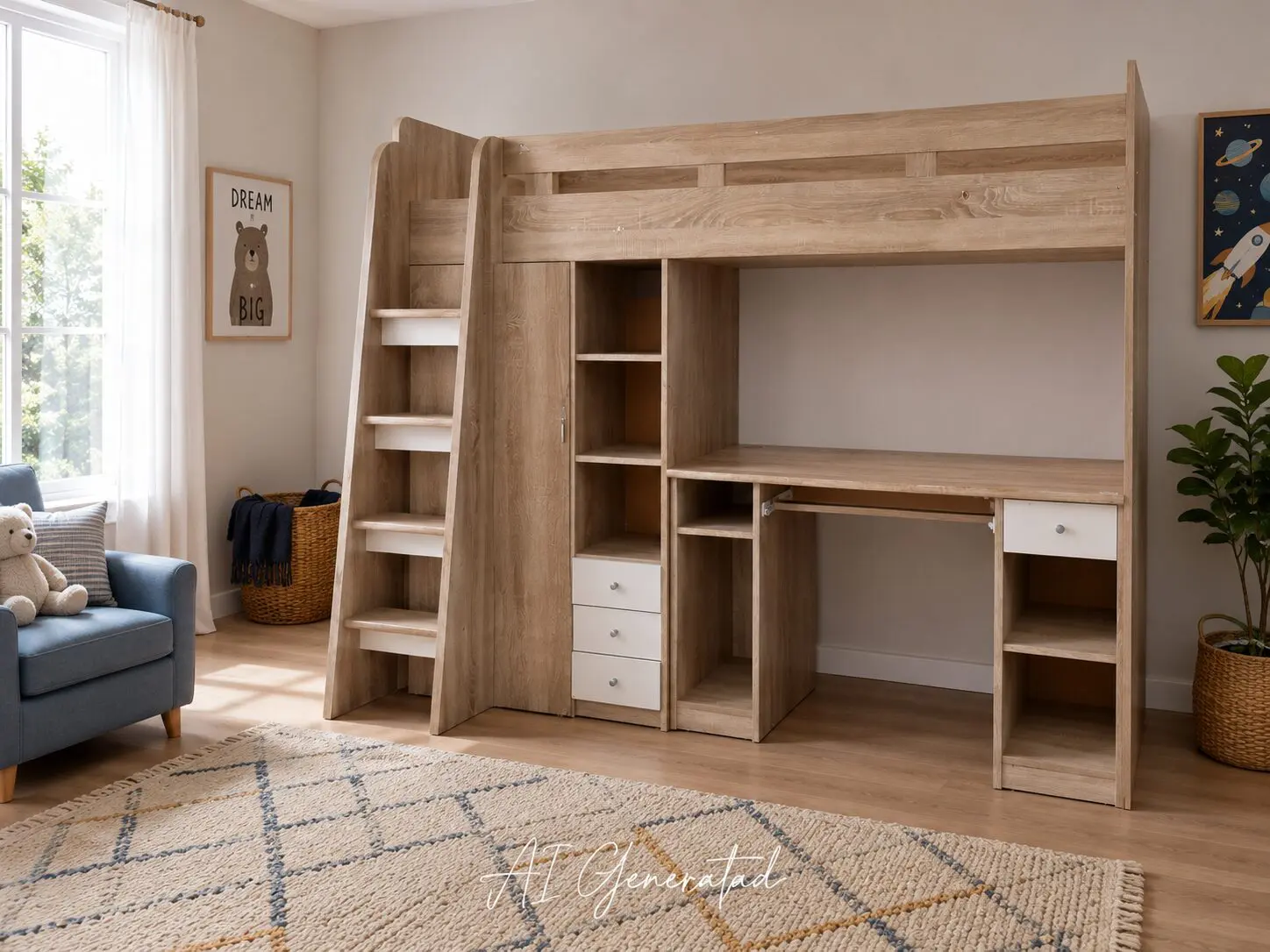 Oak Finish Bunk Bed with Workstation & Wardrobe