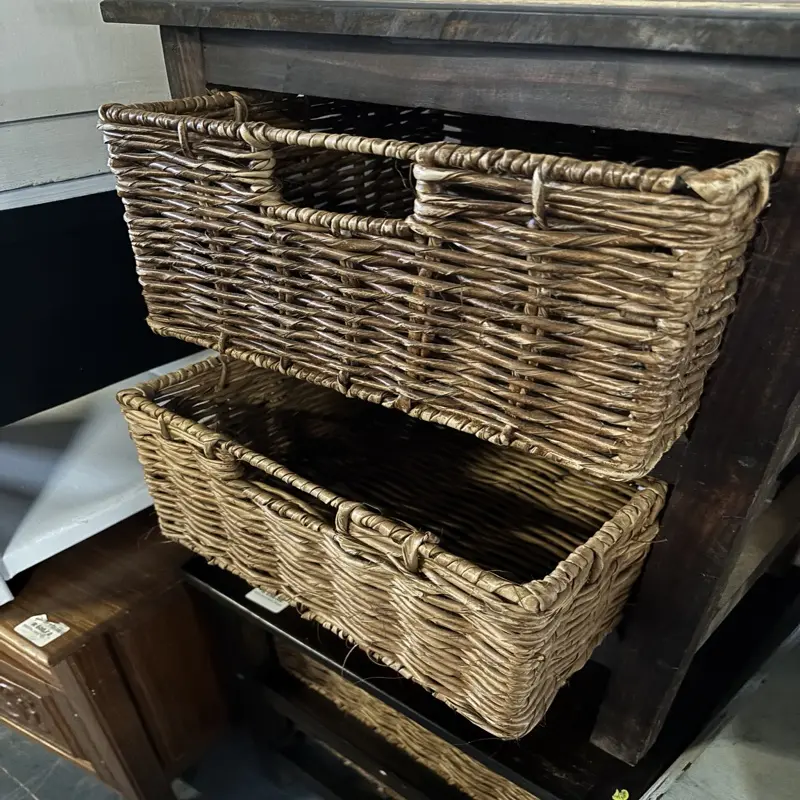 Dark Wood 2-Drawer Bedside Table with Wicker Baskets (set of 2) - Image 4