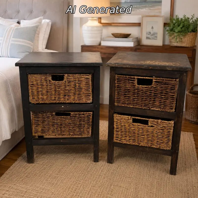 Dark Wood 2-Drawer Bedside Table with Wicker Baskets (set of 2)