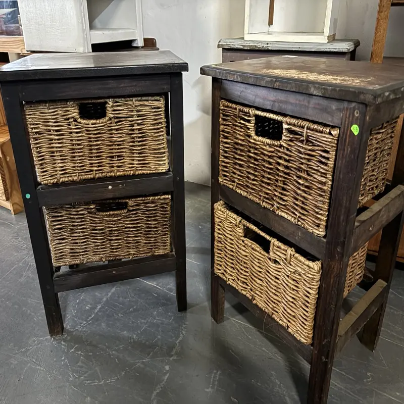 Dark Wood 2-Drawer Bedside Table with Wicker Baskets (set of 2) - Image 3