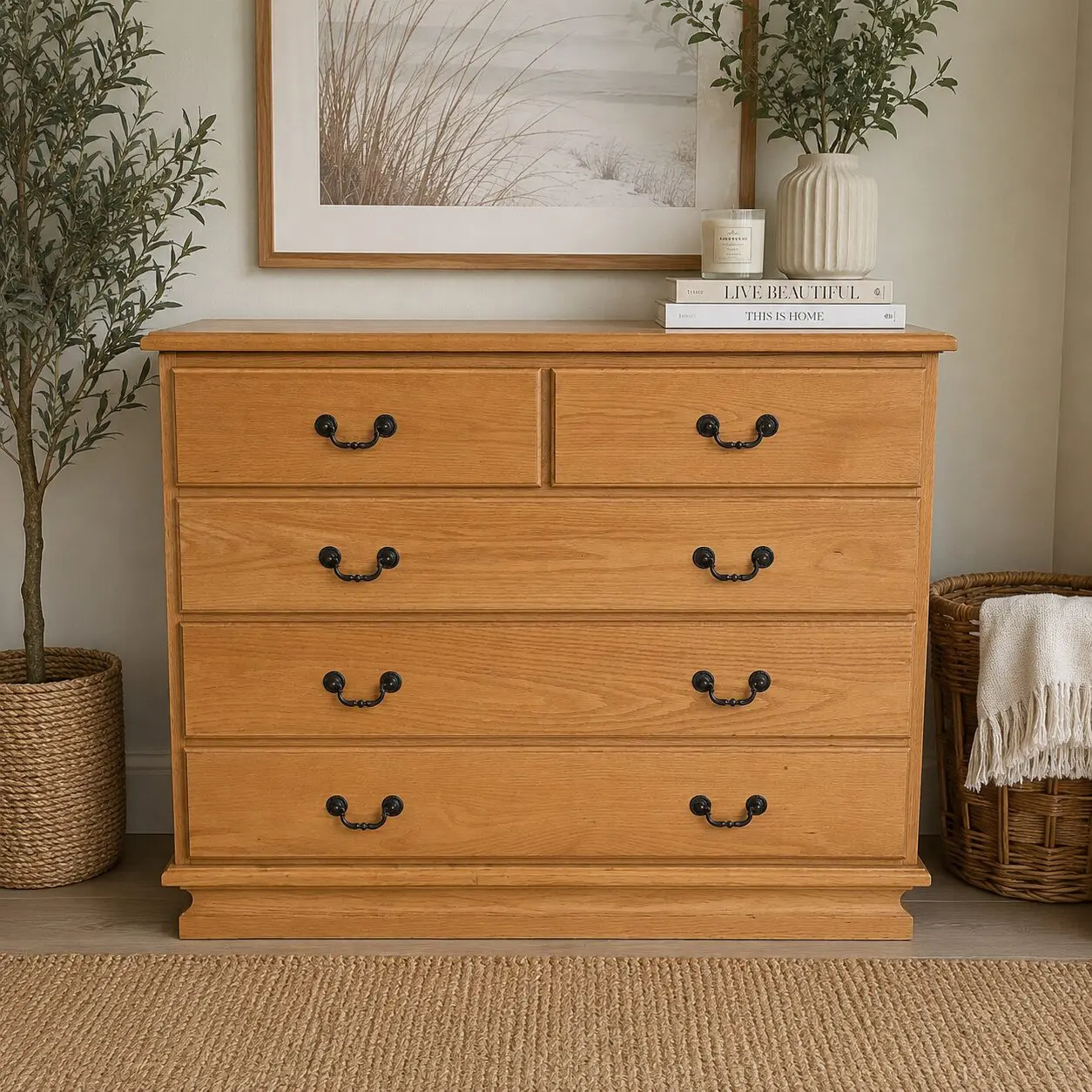 Solid Oak 5 Drawer Chest of Drawers