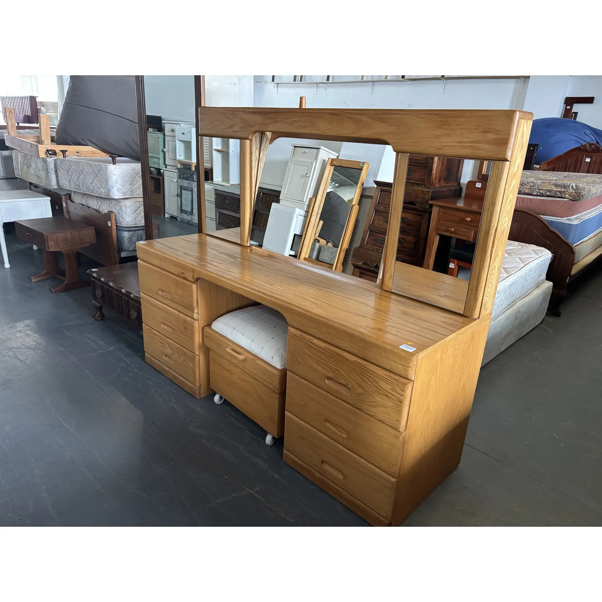 Solid Oak Dressing Table with Triple Mirror & Stool - Image 6