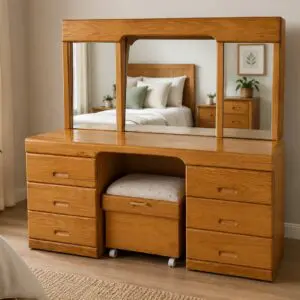 Solid Oak Dressing Table with Triple Mirror & Stool