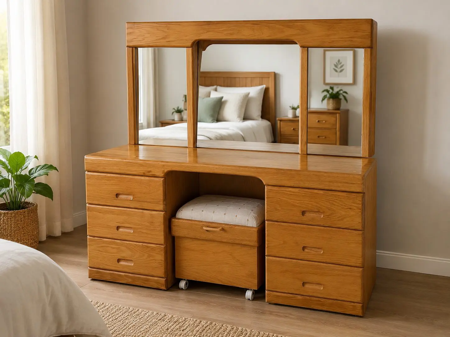 Solid Oak Dressing Table with Triple Mirror & Stool