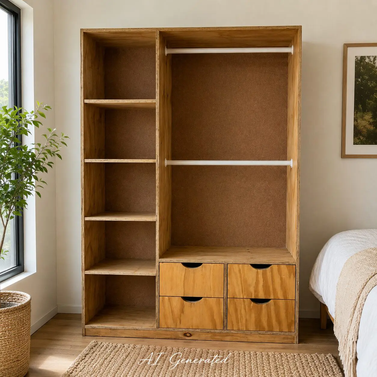 Plywood Open Wardrobe with Shelves & 4 Drawers