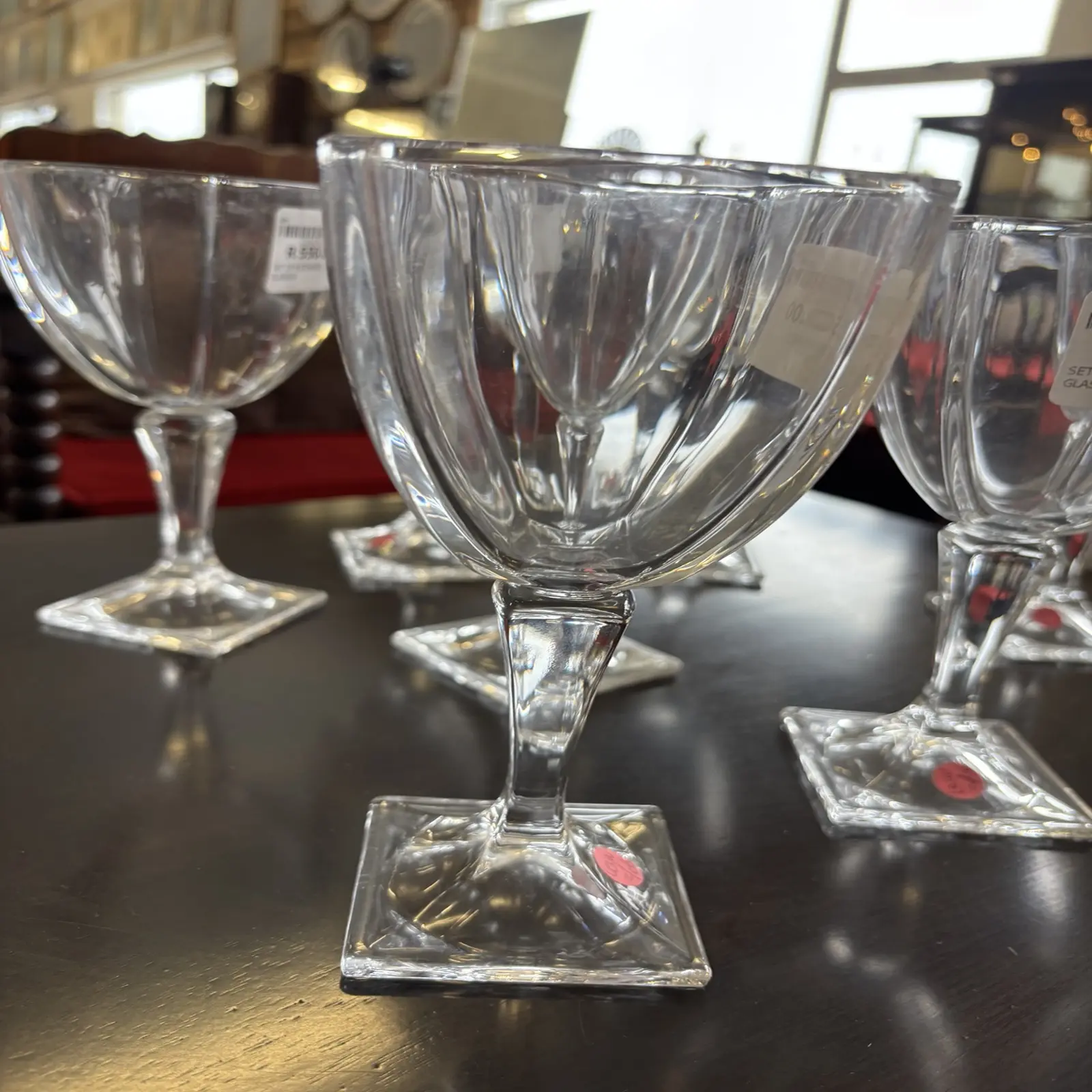 Set of 8 Heavy Clear Stemmed Glasses with Square Bases - Image 4