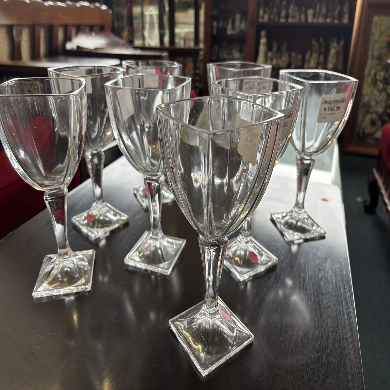 Set of 8 Heavy Clear Stemmed Glasses with Square Bases - Image 3