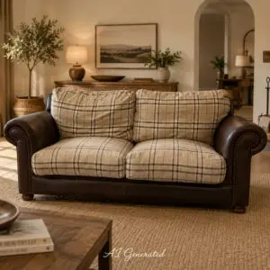 Classic Tartan Fabric & Brown Leather 2-Seater Sofa