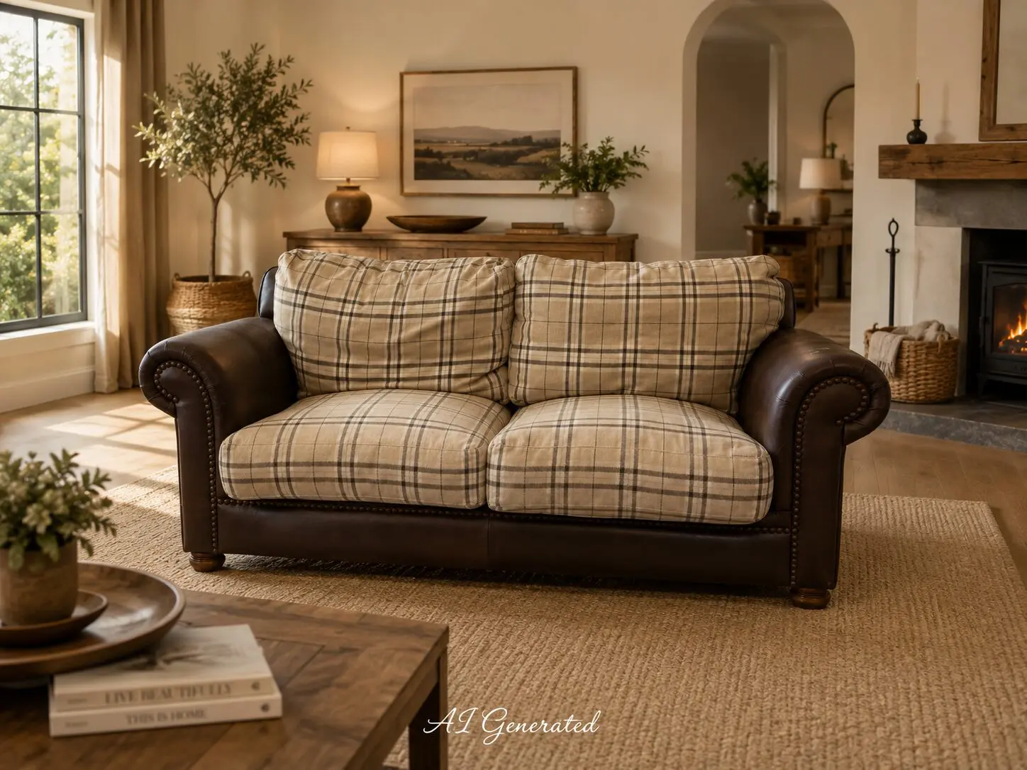 Classic Tartan Fabric & Brown Leather 2-Seater Sofa