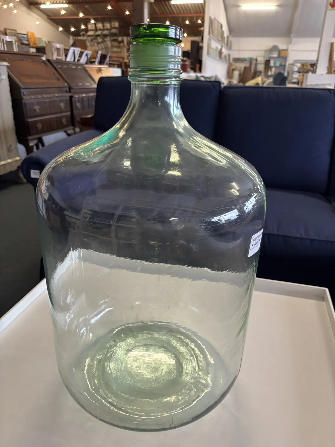 Vintage Glass Demijohn Bottle with Green Glass Stopper - Image 3