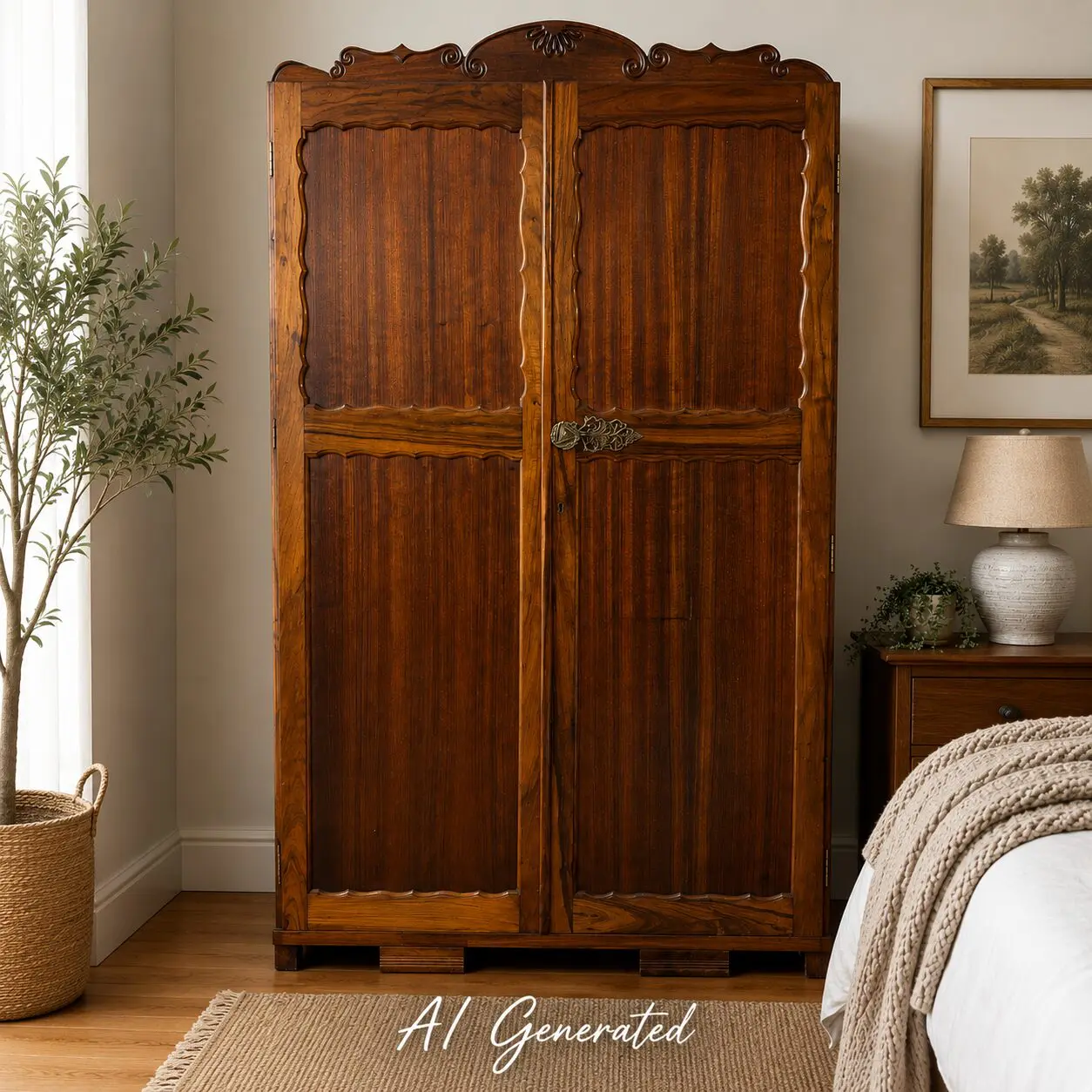 Vintage Two Door Wooden Wardrobe with Brass Hardware