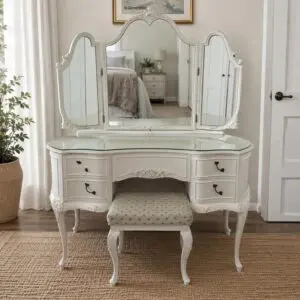 Vintage White Dressing Table with Triple Mirror & Stool