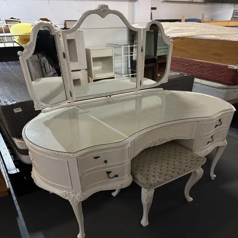 Vintage White Dressing Table with Triple Mirror & Stool - Image 5