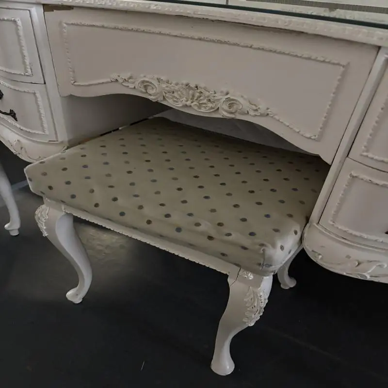 Vintage White Dressing Table with Triple Mirror & Stool - Image 3