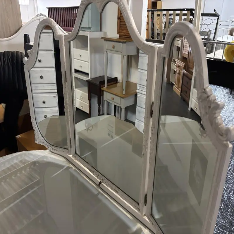 Vintage White Dressing Table with Triple Mirror & Stool - Image 2