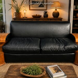 1930s Art Deco Black Leather & Walnut Sofa