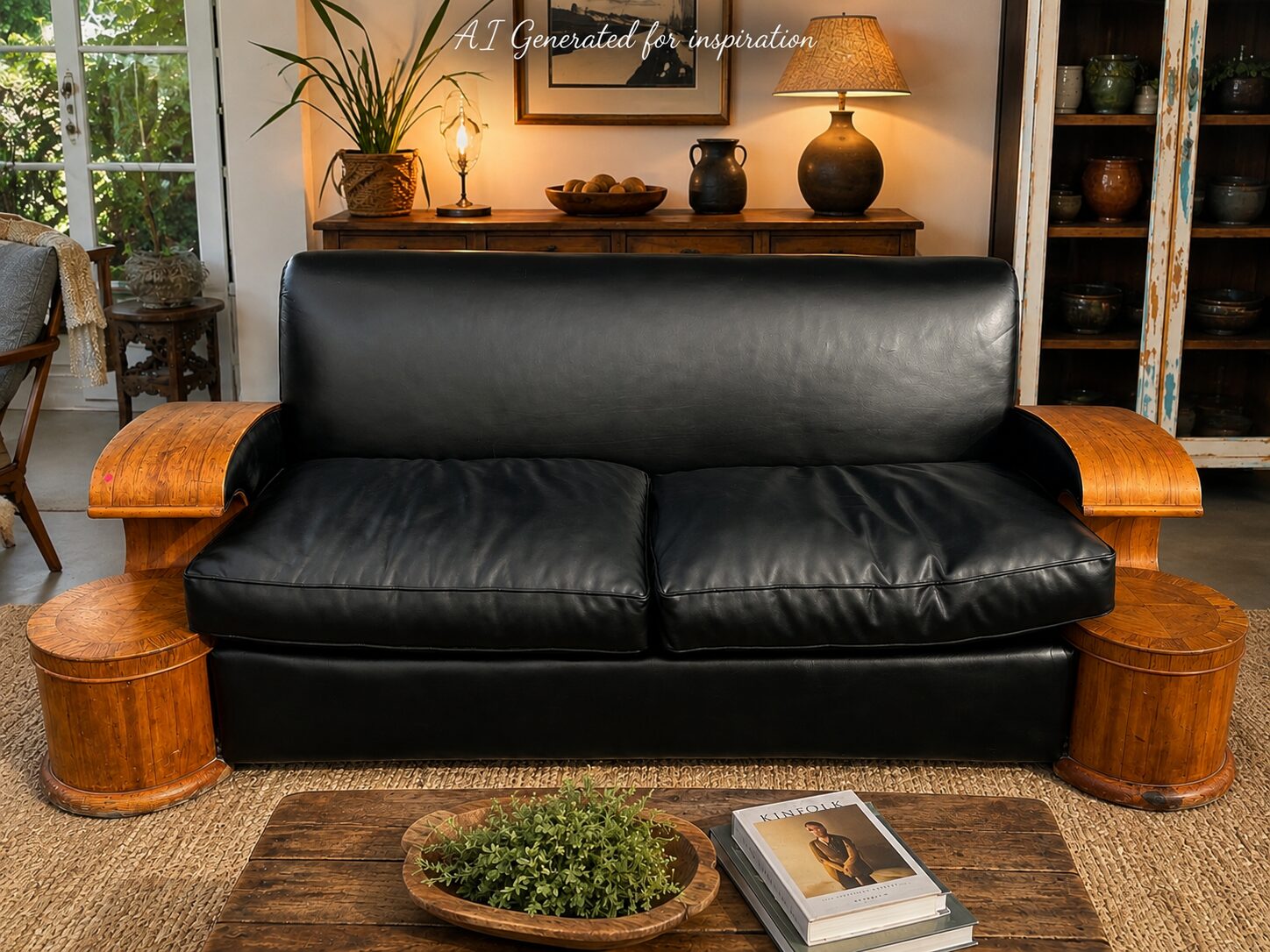 1930s Art Deco Black Leather & Walnut Sofa