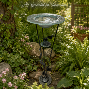 Decorative Glass Birdbath on Metal Leaf Stand