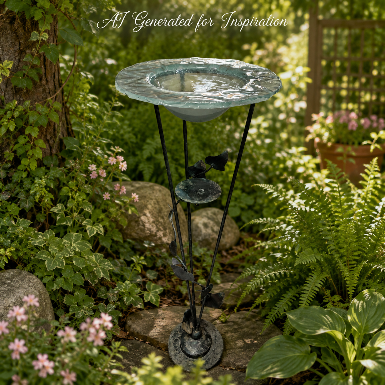Decorative Glass Birdbath on Metal Leaf Stand