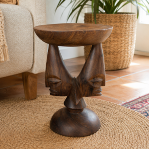 African Carved Faces Solid Wood Side Table