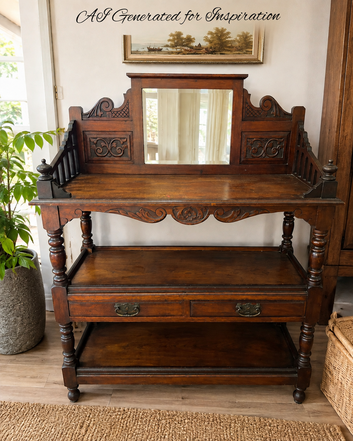 Carved Mahogany 3-Tier Server with Mirror