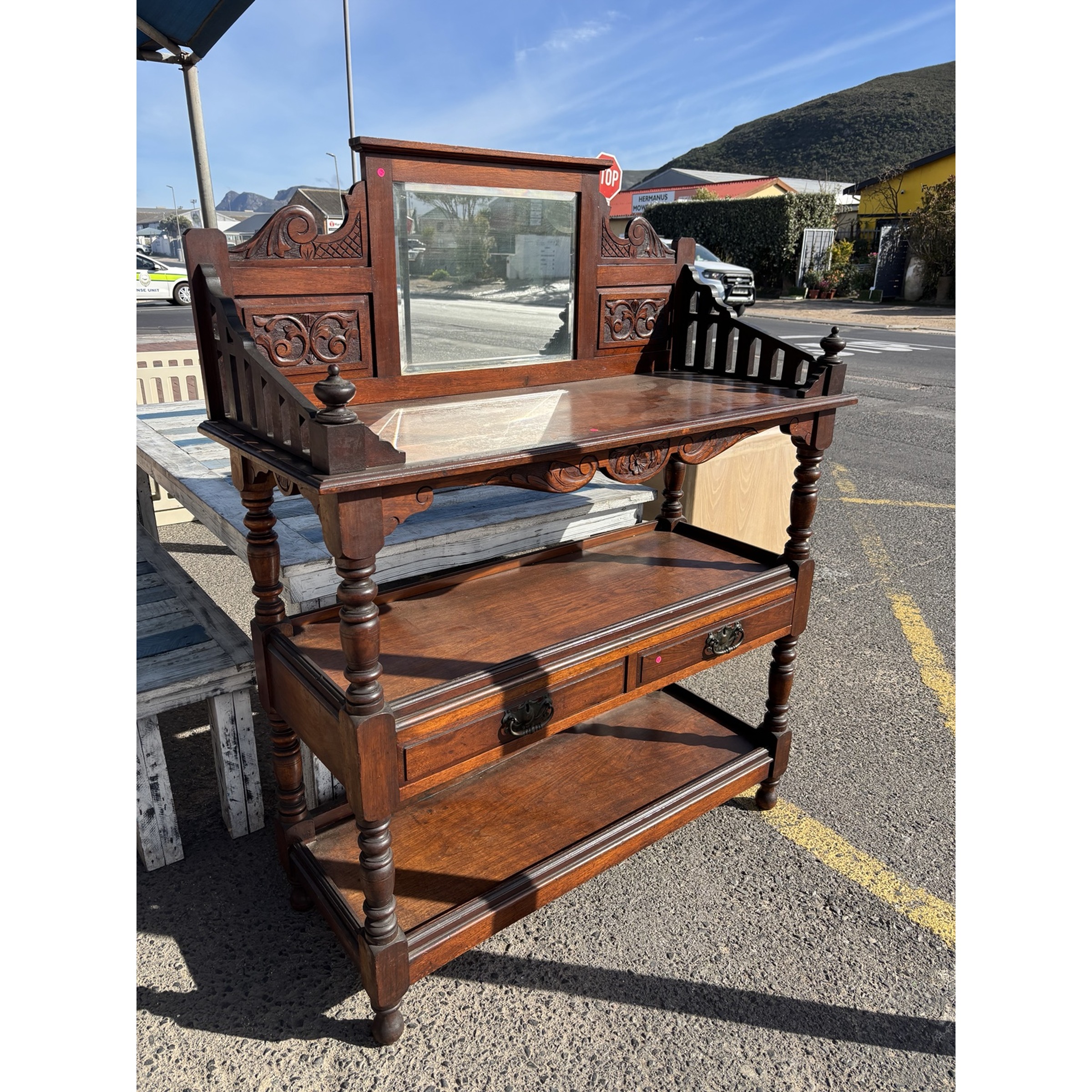 Carved Mahogany 3-Tier Server with Mirror - Image 7