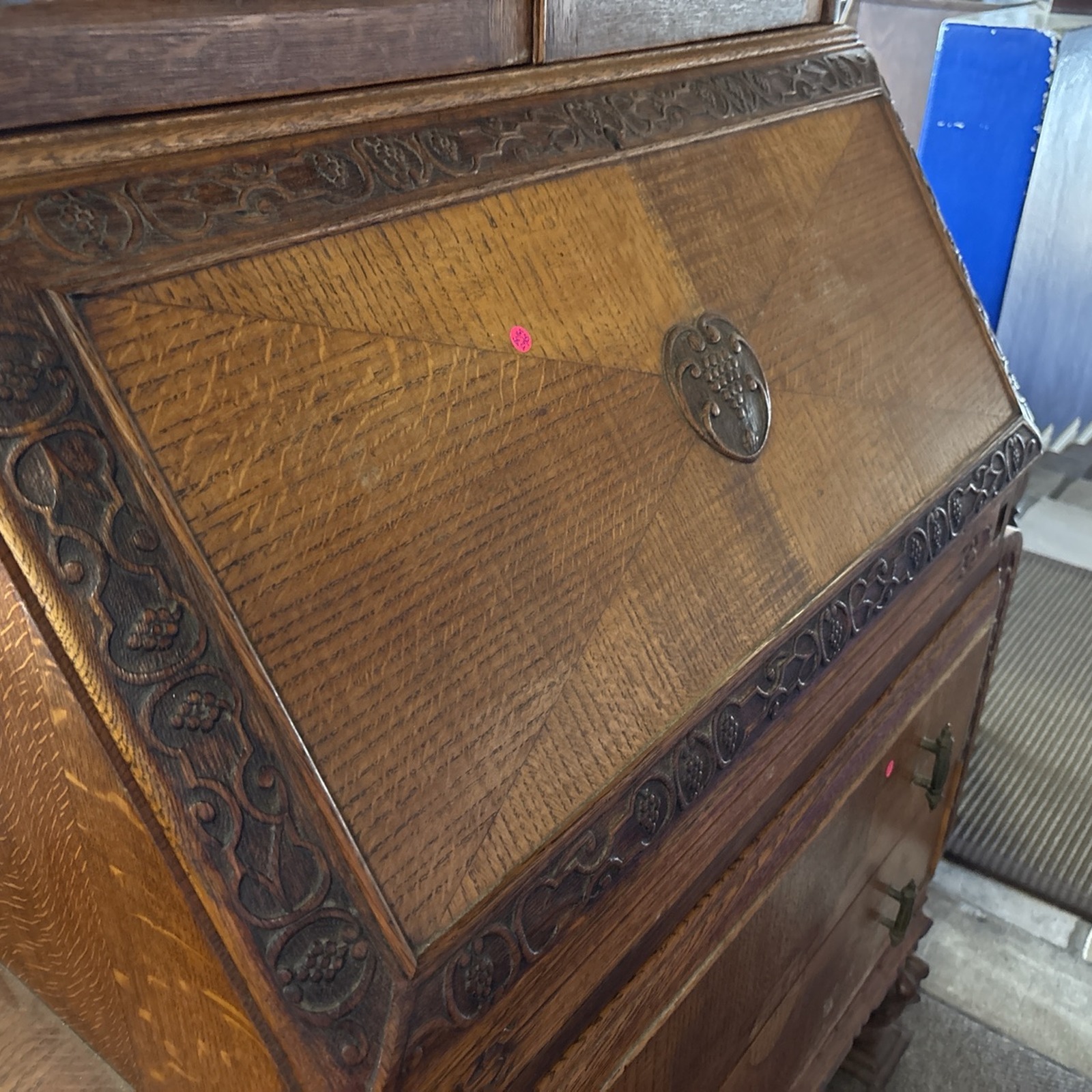 Antique Oak 3-Door Bureau Bookcase Writing Desk - Image 6