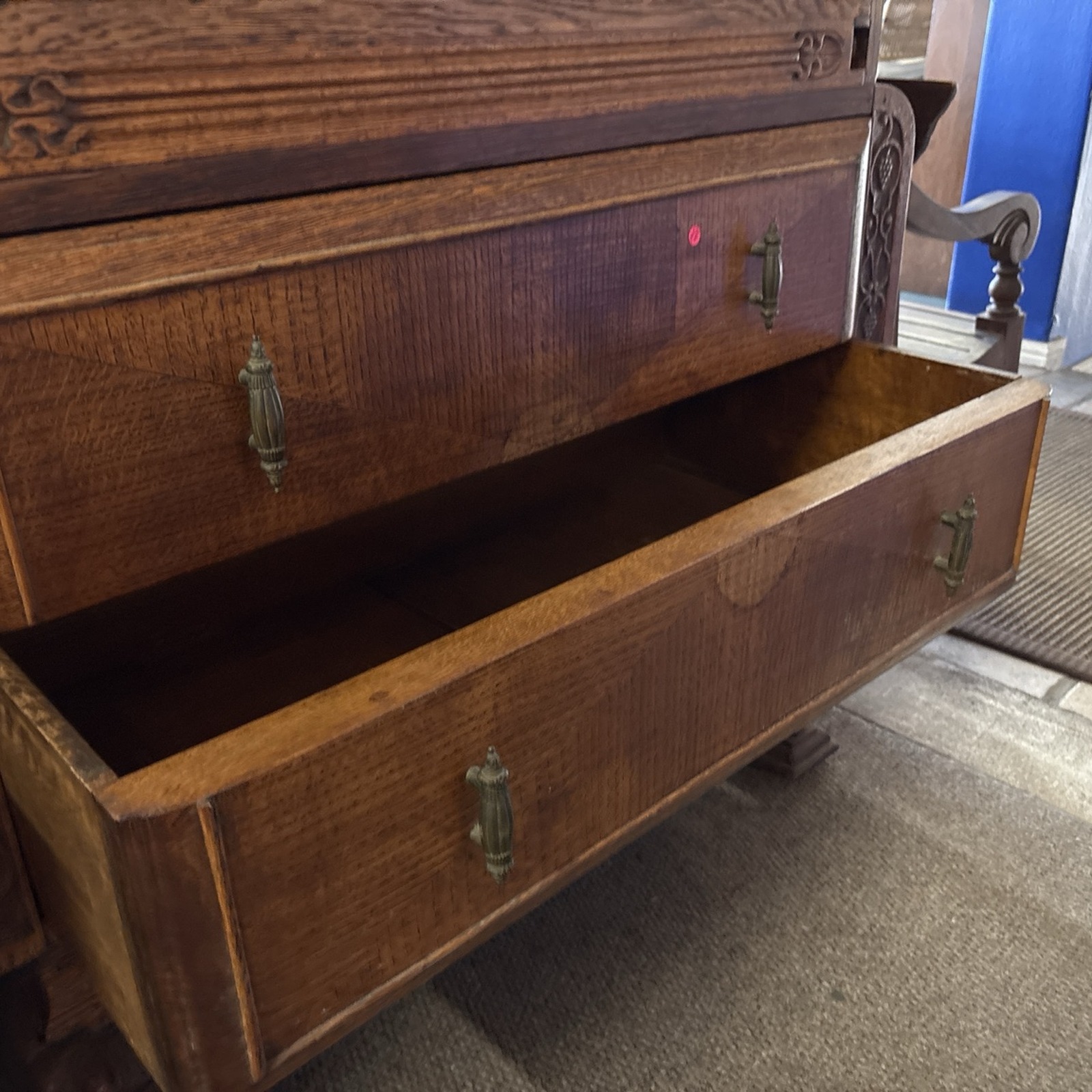 Antique Oak 3-Door Bureau Bookcase Writing Desk - Image 3