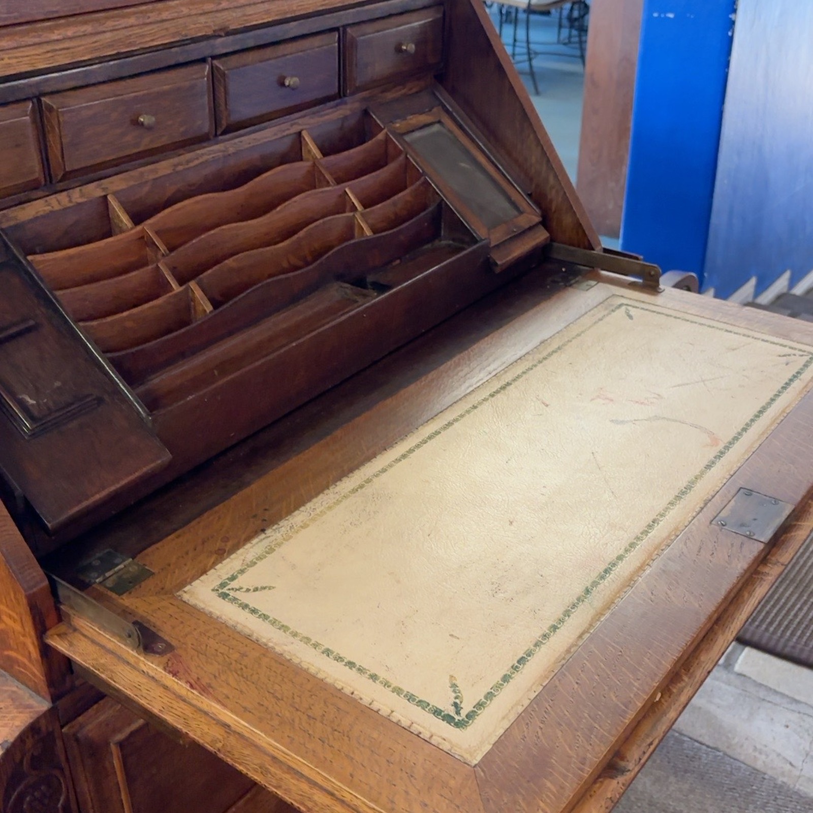 Antique Oak 3-Door Bureau Bookcase Writing Desk - Image 2