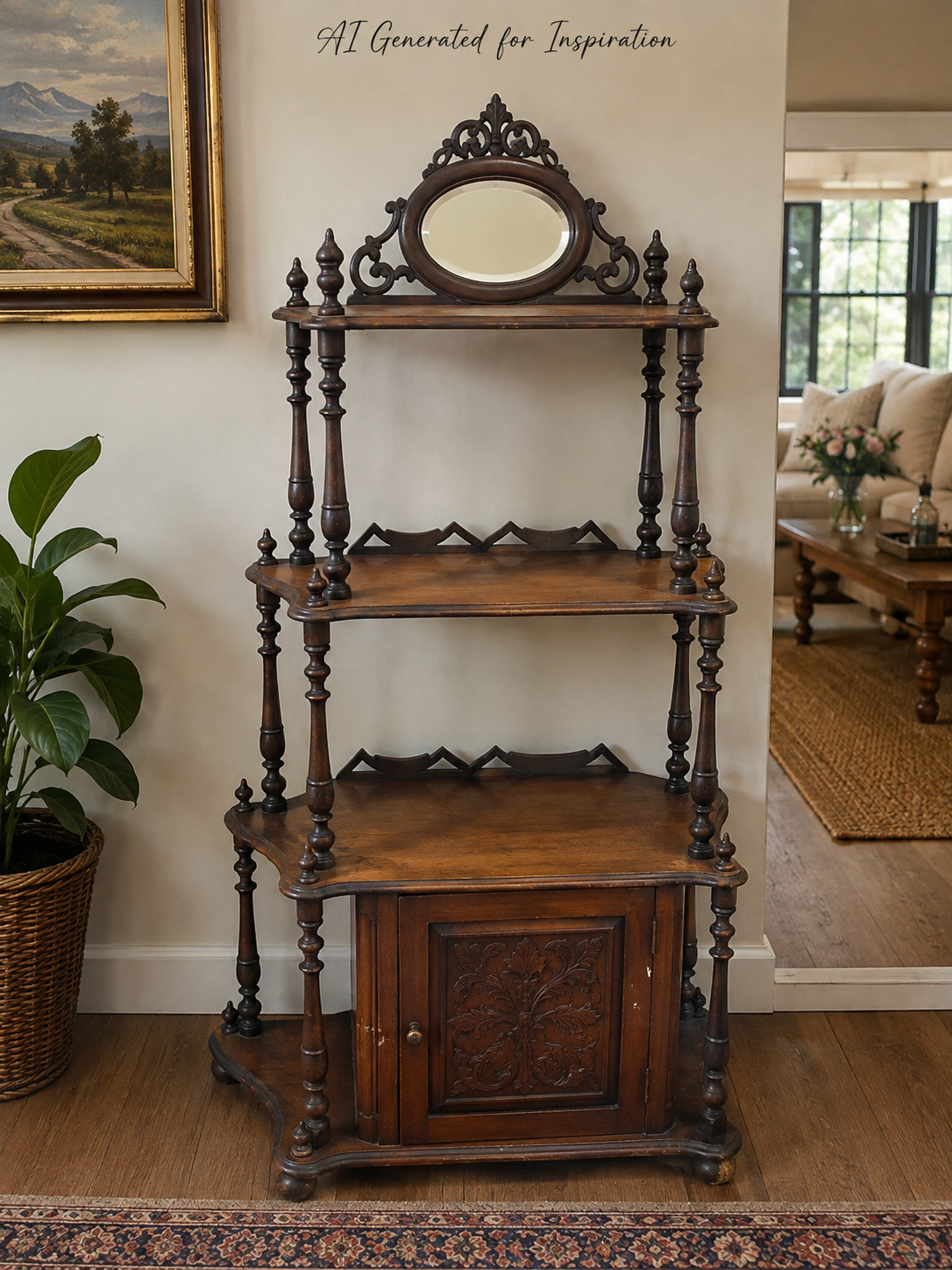 Antique Victorian Whatnot Stand with Mirror & Cupboard
