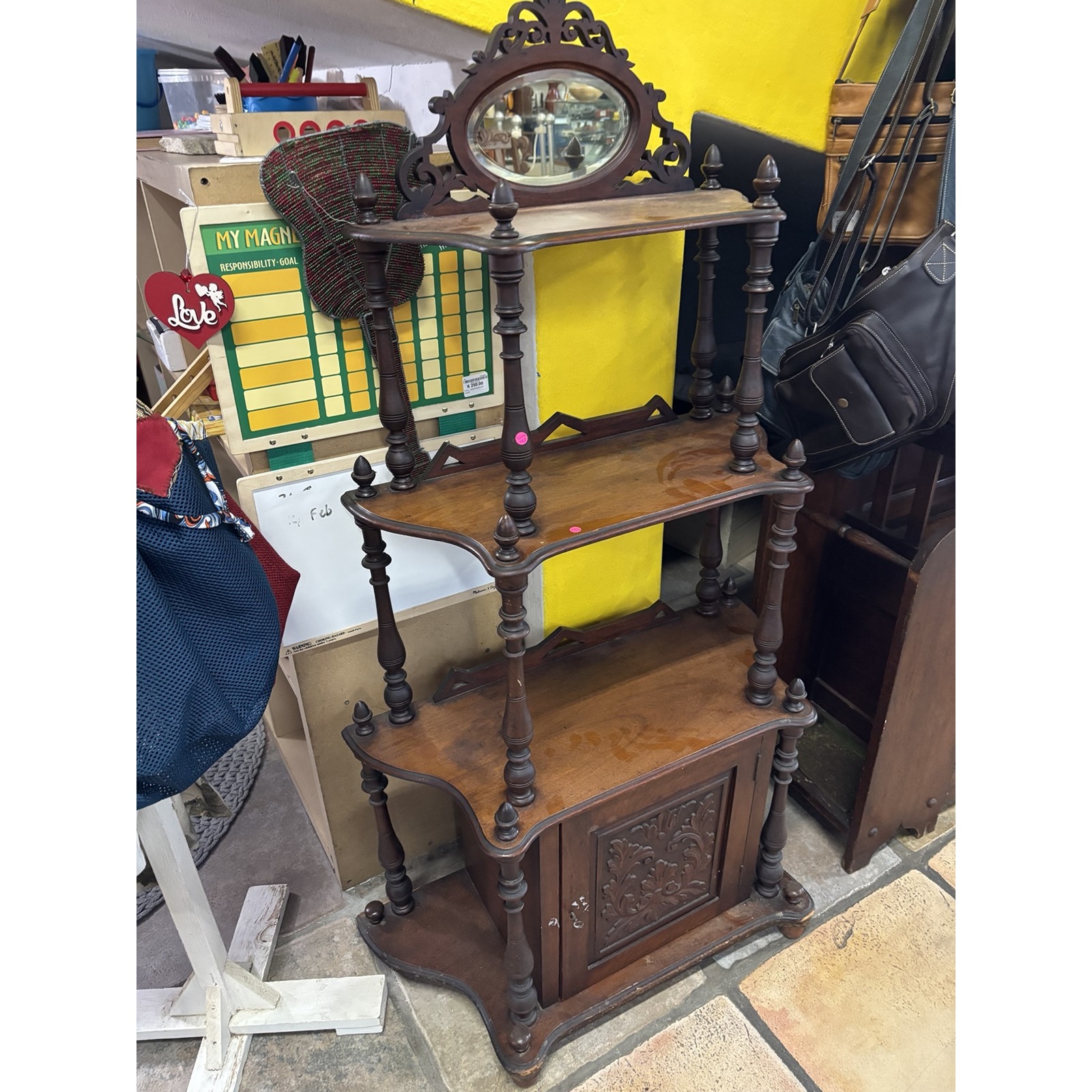 Antique Victorian Whatnot Stand with Mirror & Cupboard - Image 3