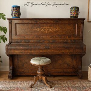 Antique Burr Walnut Upright Piano with Stool