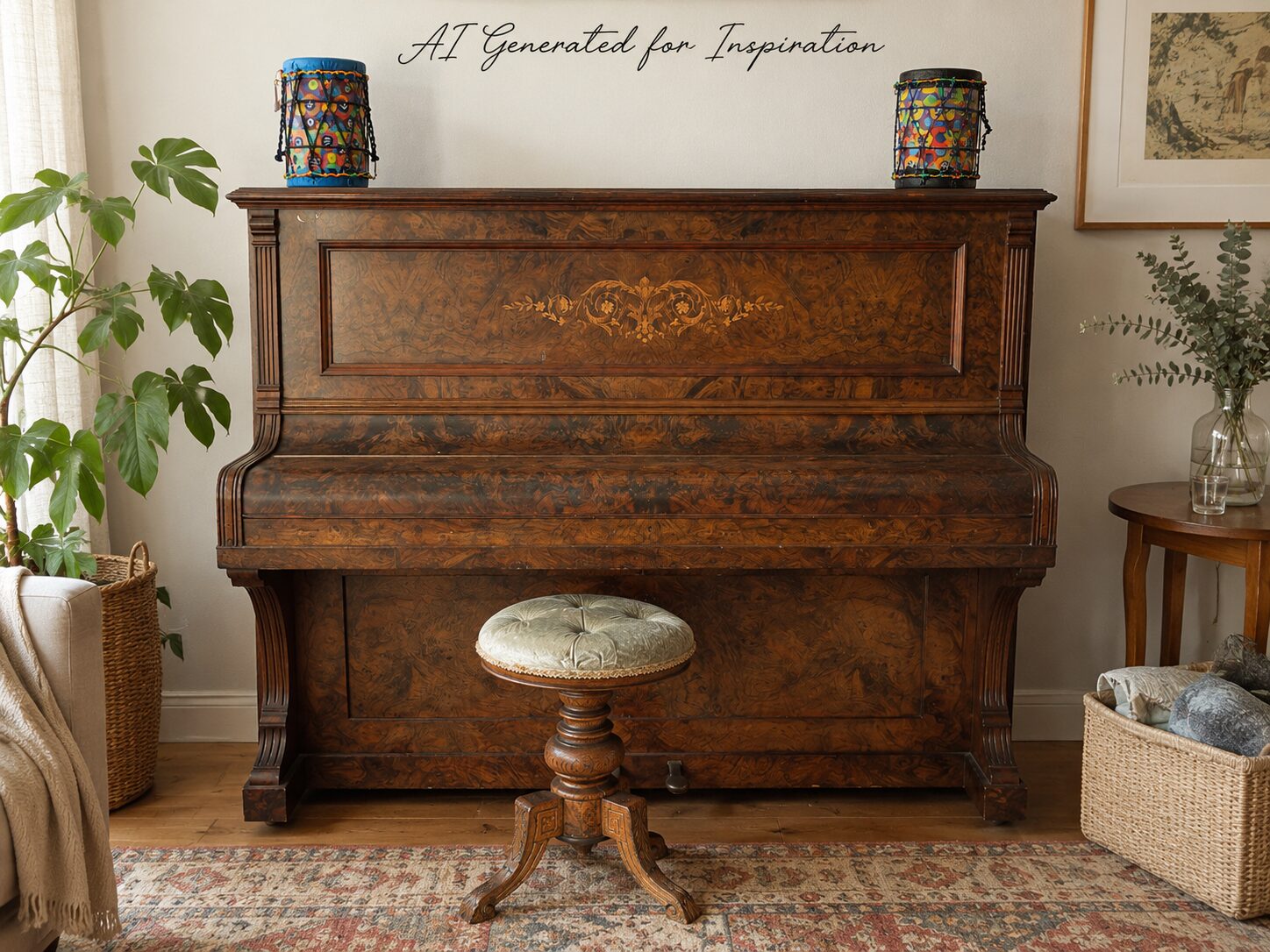Antique Burr Walnut Upright Piano with Stool