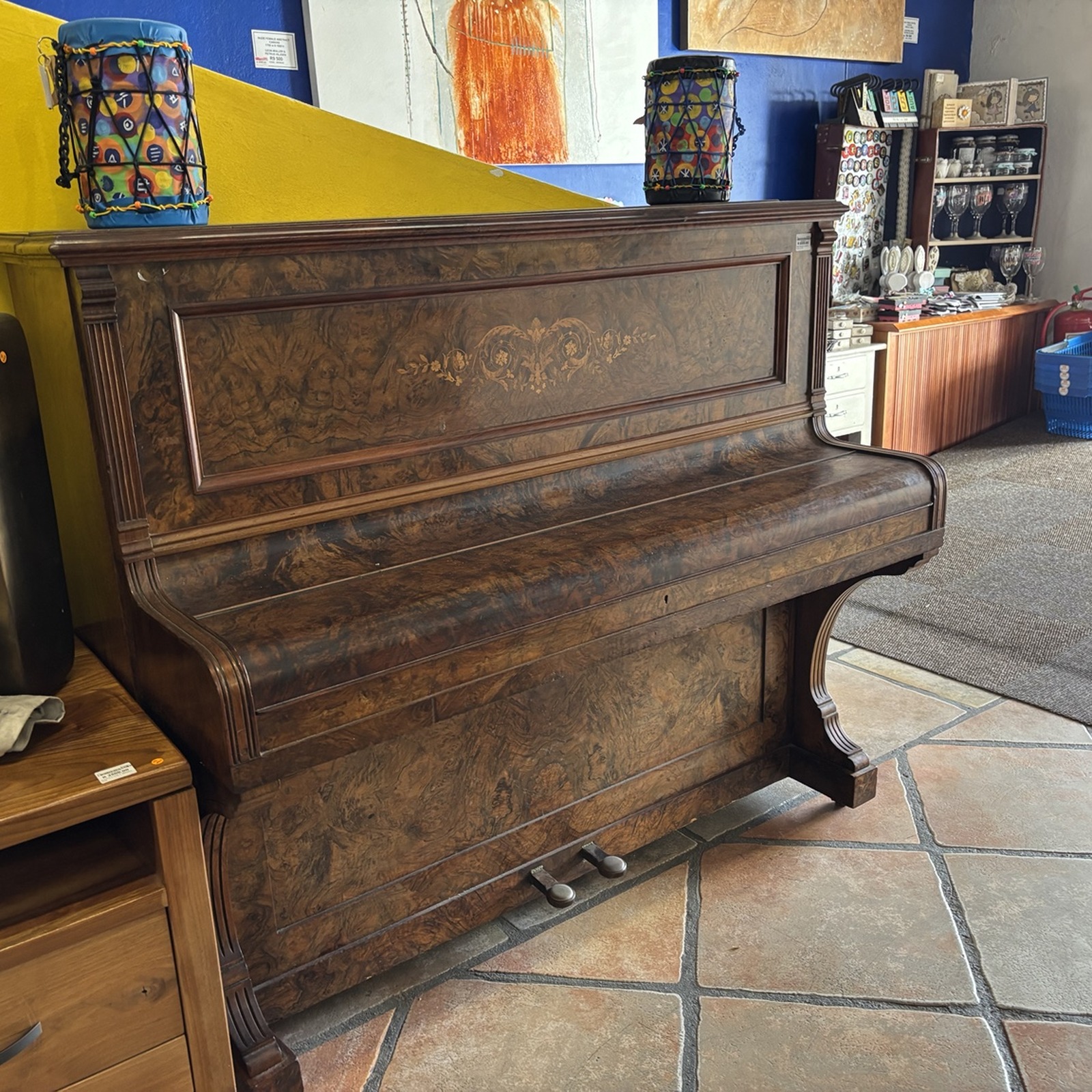 Antique Burr Walnut Upright Piano with Stool - Image 4