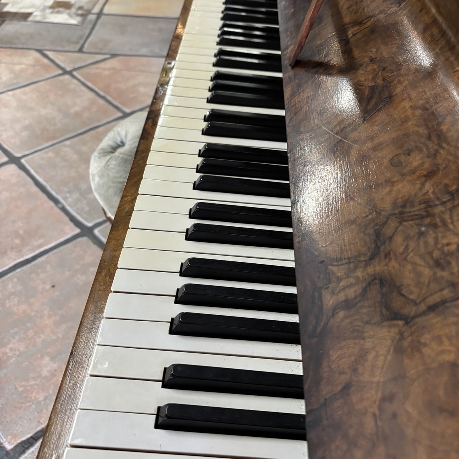 Antique Burr Walnut Upright Piano with Stool - Image 3